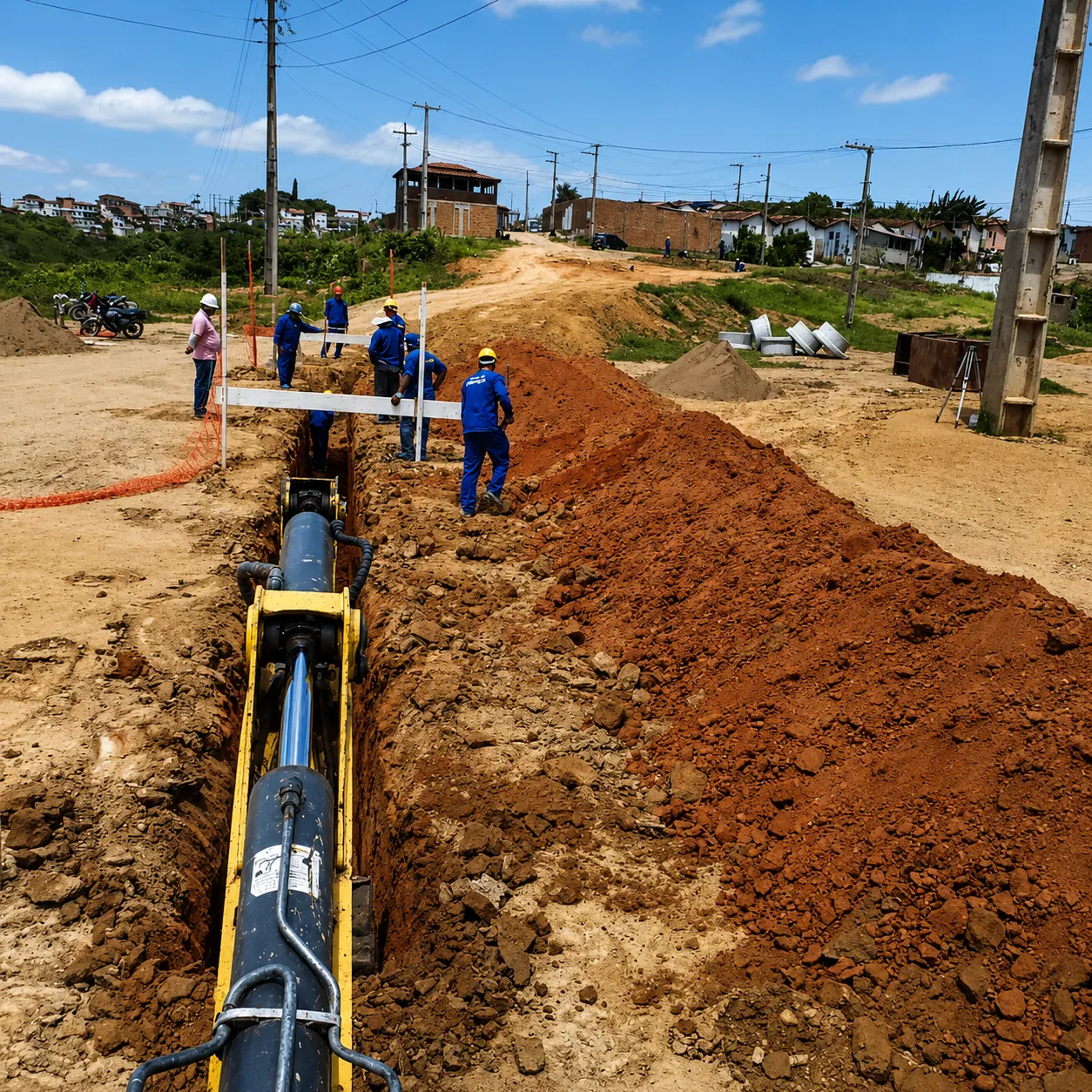 Equipe no assentamento de rede de tubulação