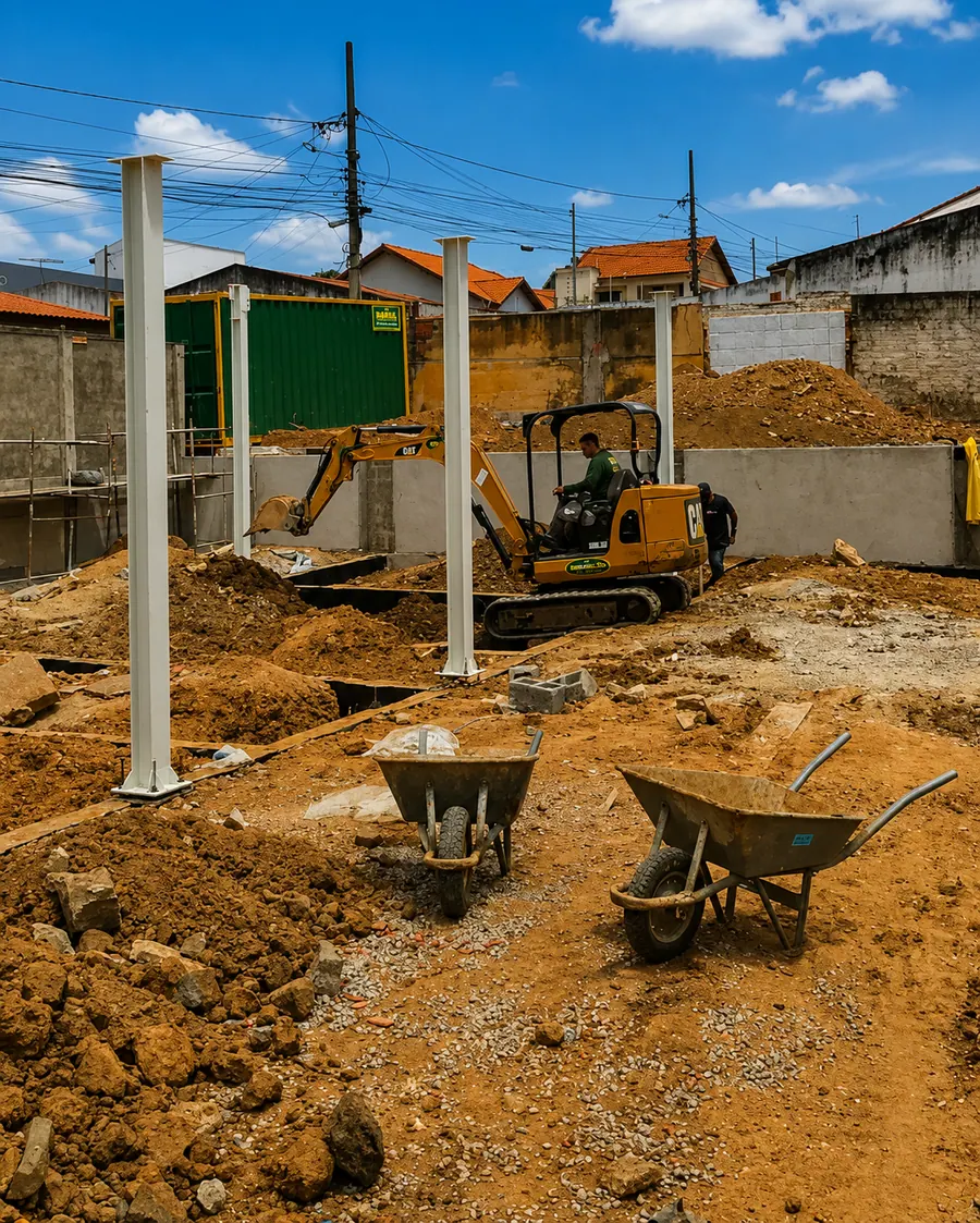 Miniescavadeira na fundação de obra urbana