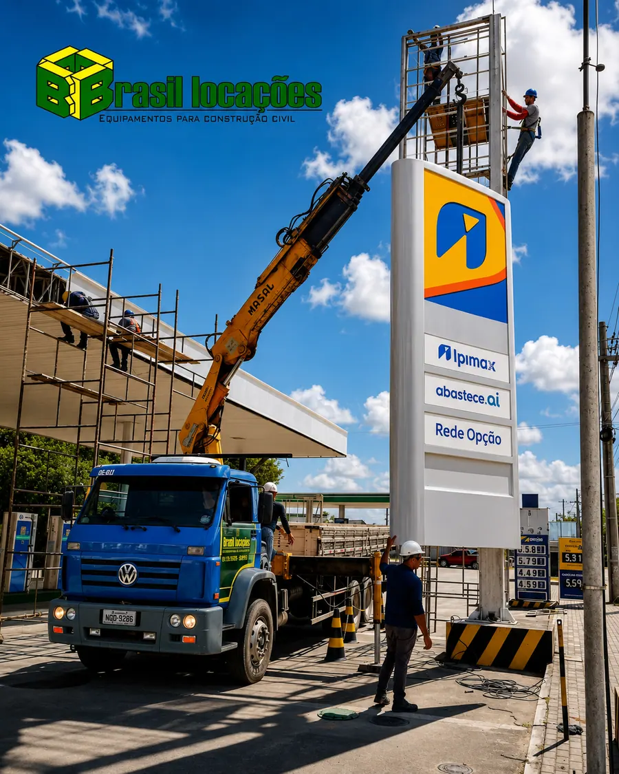 Caminhão munck instalando totem de posto de combustível