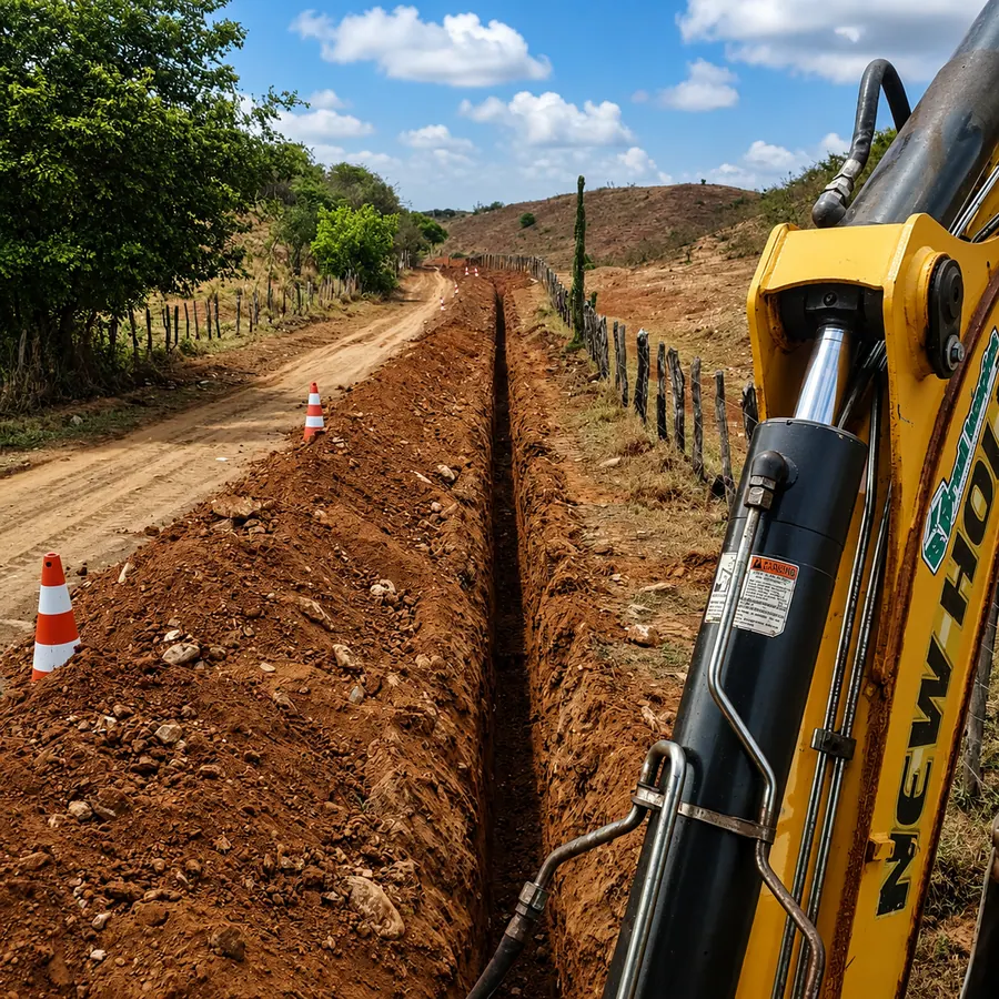 Retroescavadeira abrindo vala em via rural